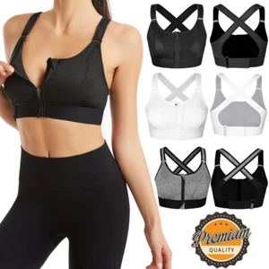 Women Adjustable Shockproof Sports Bra Front Zipper Closure Padded Yoga Bra Tops - Picture 1 of 25