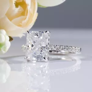 2.50CT Radiant Cut Moissanite Engagement Pave Eternity Ring 14KWhite Gold Plated - Picture 1 of 8