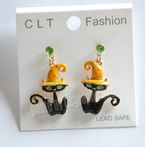 Black Cat w Witch Hat Halloween Earrings / Dangling Gold-tone  Post / NWT - Picture 1 of 2