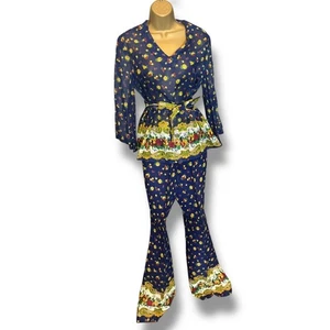Authentisches 70er Jahre Vintage zweiteiliges Set - Marine Blumenmuster mit Blumenmuster - Bild 1 von 7