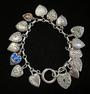 1900 Antique Victorian Sterling 16 Puffy Heart Charm Bracelet Heart PadLock - Picture 1 of 16