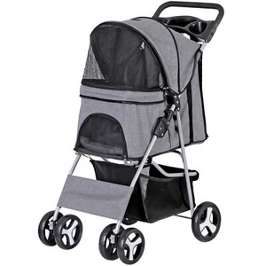 4-Wheel Foldable Pet Stroller for Small/Med Dogs Cats w/Basket & Cup Holder Gray - Picture 1 of 23