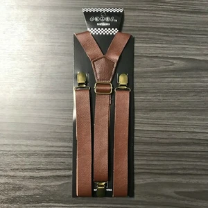 Dark Brown Faux Leather Mens Clip-on 1.0" WIDE Wedding Y-Shape Suspender - Picture 1 of 4