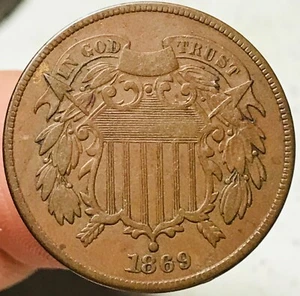 1869 Two Cent Piece 2C Ungraded Choice Civil War Era US Copper Coin CC26075 - Picture 1 of 4