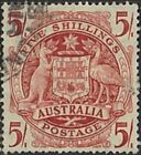 1949-1951 Australian Coat of Arms Used Cancel 5/- Red Stamp Kangaroo & Emu issue