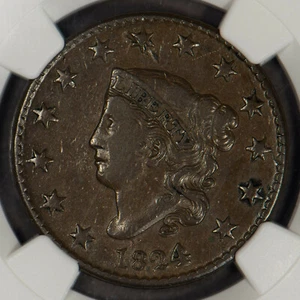 1824/2 1c Coronet Head Large Cent - N-1 - NGC VF Dets - Looks XF - SKU-X1392 - Picture 1 of 7