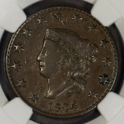1824/2 1c Coronet Head Large Cent - N-1 - NGC VF Dets - Looks XF - SKU-X1392 - Image 1 of 4