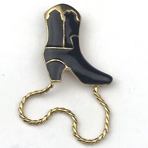 Cowboy Boot Southwestern Pin Brooch Vintage Gold Tone Black Enamel Metal Rope