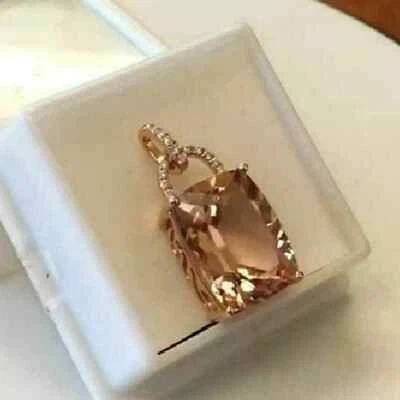3Ct Cushion Cut Morganite Diamond Solitaire Pendant Necklace 14K Rose Gold Over - Image 1 of 3