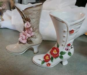 SET OF 2 VINTAGE LATE 1800'S LADIES CERAMIC BOOTS - Picture 1 of 7
