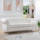 84.65" Rolled Arm Chesterfield 3 Seater Solid Wood Sofa White