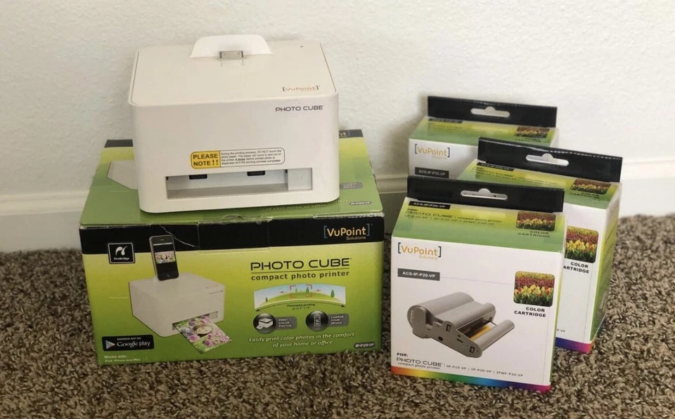 Vupoint Photo Cube compact printer, Pod iPhone iPad Android + 4 color ink - Image 1 of 2