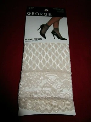  2 Pair George Womens Fashion Lacy Anklet Socks Fits Shoe 4-10 Dark Ivory - Image 1 of 4