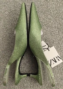 ZARA WOMEN Rhinestone Kitten Slingback Heel Shoes Light Green Size EU 37 - Picture 1 of 5