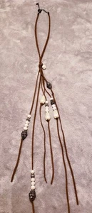 Chico's 28" Long Lariat Necklace W/ Faux & Real Pearls, Mixed Media, Brown Suede - Picture 1 of 4