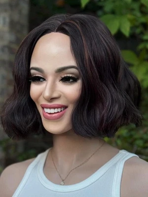 Human Hair Blend Lace Front Wig | Dark Brunette Brown Auburn Highlights Bob - Image 1 of 4