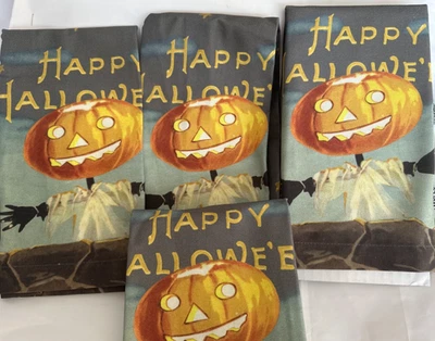 NOVO Williams Sonoma ALGODÃO Vintage Feliz Halloween Diner CONJUNTO DE 4 GUARDANAPOS RAROS - Imagem 1 de 4