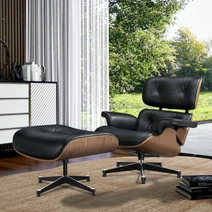 Walnuss Lounge Sessel Stuhl und Ottoman Top-Grain-Leder Lounge Chair & Hocker - Bild 1 von 9