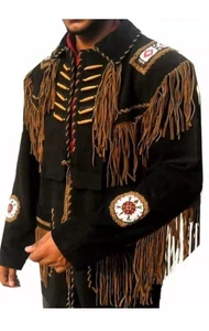 Men’s Genuine Cowhide Suede Leather Jacket Western Native American Fringes Style - Picture 1 of 3