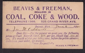 1890 ad postal card Beavis & Freeman coal coke & wood Detroit MI price quote - Picture 1 of 2
