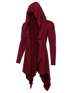 Long Hooded Cardigan Ruffle Shawl Collar Open Front Lightweight Drape Cape Ov... - Picture 1 of 5