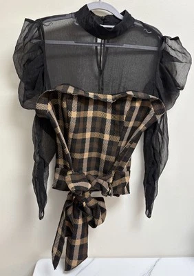 New York & Company Women's sheer Black Mesh Plaid Tie Front Blouse Top M Medium - Image 1 of 4