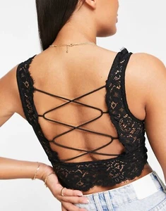 Free People Black Lace Plunge Neck Strappy Crisscross Back Bralette Crop Top - Picture 1 of 18