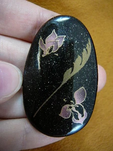 (bb-506) Iris purple flowers Iridescent black sparkle oval pin brooch Alaska - Picture 1 of 1