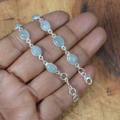 Natural Blue Aquamarine 925 Sterling Silver Gemstone Jewelry Adjustable Bracelet - Image 1 of 4