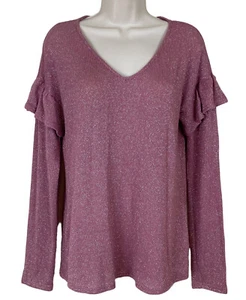 Design Lab Lord & Taylor Sz L Pink Long Sleeve Ruffle Accent Sweater Metallic - Picture 1 of 8