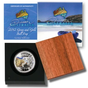 Discover Australia Green & Gold Bellfrog $1 2012 1 oz Proof Silver Coin w/Box & - Picture 1 of 3