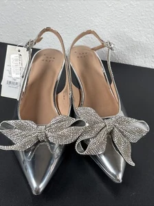 Women's Silver Rhinestone Bow Heels Silver Slingback A New Day SIZE 7WCinderella - Picture 1 of 10