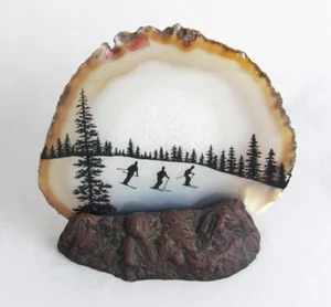 Hand Painted Sliced Agate Winter Snow Ski Skiers Rustic Table Light Art Display - Picture 1 of 7