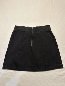 TOPSHOP MOTO Zip Front A-Line Retro Mini Jean Denim Skirt 10 Black - Picture 1 of 6
