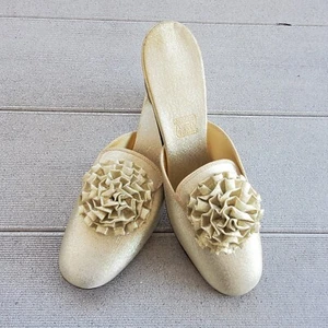 1960s Daniel Green Gold Lurex Mules Lounge Slipper Heels 2A65. - Picture 1 of 19