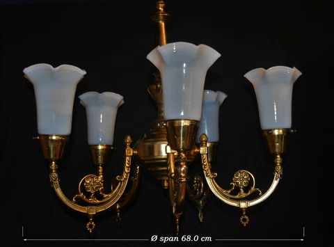 Vintage 1950s Empire style all brass five-arm chandelier Opaline moulded shades Cover