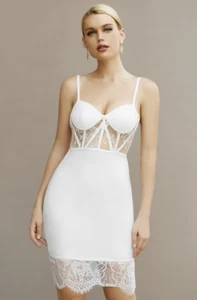 NEW DESIGNER COUTURE WHITE LACE BANDAGE DRESS THIN SPAGHETTI STRAP CORSET BODICE - Picture 1 of 10