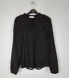 M&S Per Una Blouse Black Gold Tie Neck Sheer Lined Long Puff Sleeves NWOT F2 - Picture 1 of 5