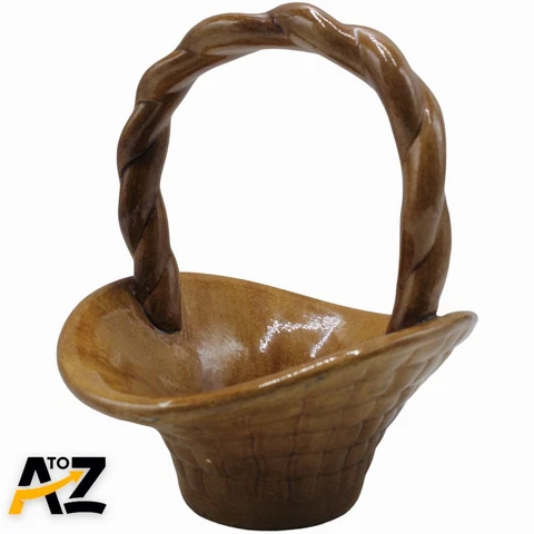Vintage Brown Ceramic Basketweave Basket With Handle Cover