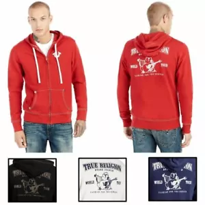 True Religion Men's Flocked Classic Buddha Logo Full Zip Up Hoodie Sweatshirt - Picture 1 of 17