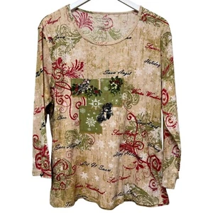 Jane Ashley Christmas Top Plus Size 2X Holiday Birds Graphic Tee Beaded Beige - Picture 1 of 7