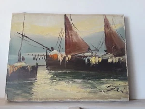 Modern art 20th century oil painting impasto stretched canvas seascape boats - Picture 1 of 12