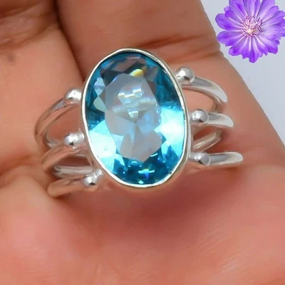 Blue Topaz Gemstone 925 Sterling Silver Ring Handmade Jewelry Ring Gift For - Image 1 of 3