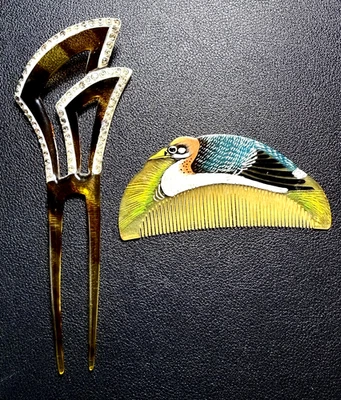 Vintage Art Deco 1920s 2 Prong Hair Comb  & Chinese "Shubi" Hand Painted Comb - Image 1 of 4