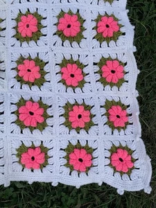 Crochet Pink Flower Blanket 55x80 Afghan Throw Square Pink White Green Hand Made - Picture 1 of 5