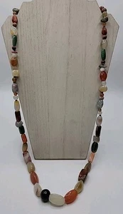 Long VTG Chunky Polished Agate Gemstone Bead BOHO Necklace 36” - Picture 1 of 7
