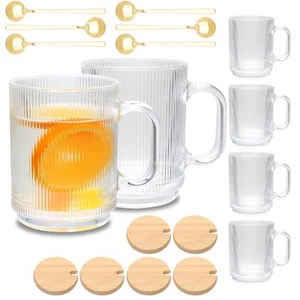 12 oz Glass Coffee Mugs with Handle Classic Vertical Stripes Cups Transparent - Picture 1 of 6