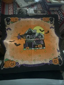 VINTAGE HALLOWEEN BANDANA HANKERCHIEF 21" CAT WITCHES PUMPKIN vtg - Picture 1 of 4