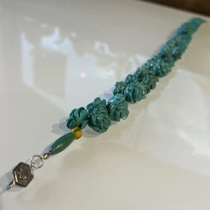 Vintage Carved Rose Bead Necklace 22” Floral Turquoise Color Artisan Design  - Picture 1 of 8