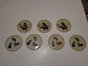 7 Vintage Scottish Terriers & Kittens Round Metal Coasters Antique 3" Dia 1950s - Picture 1 of 4